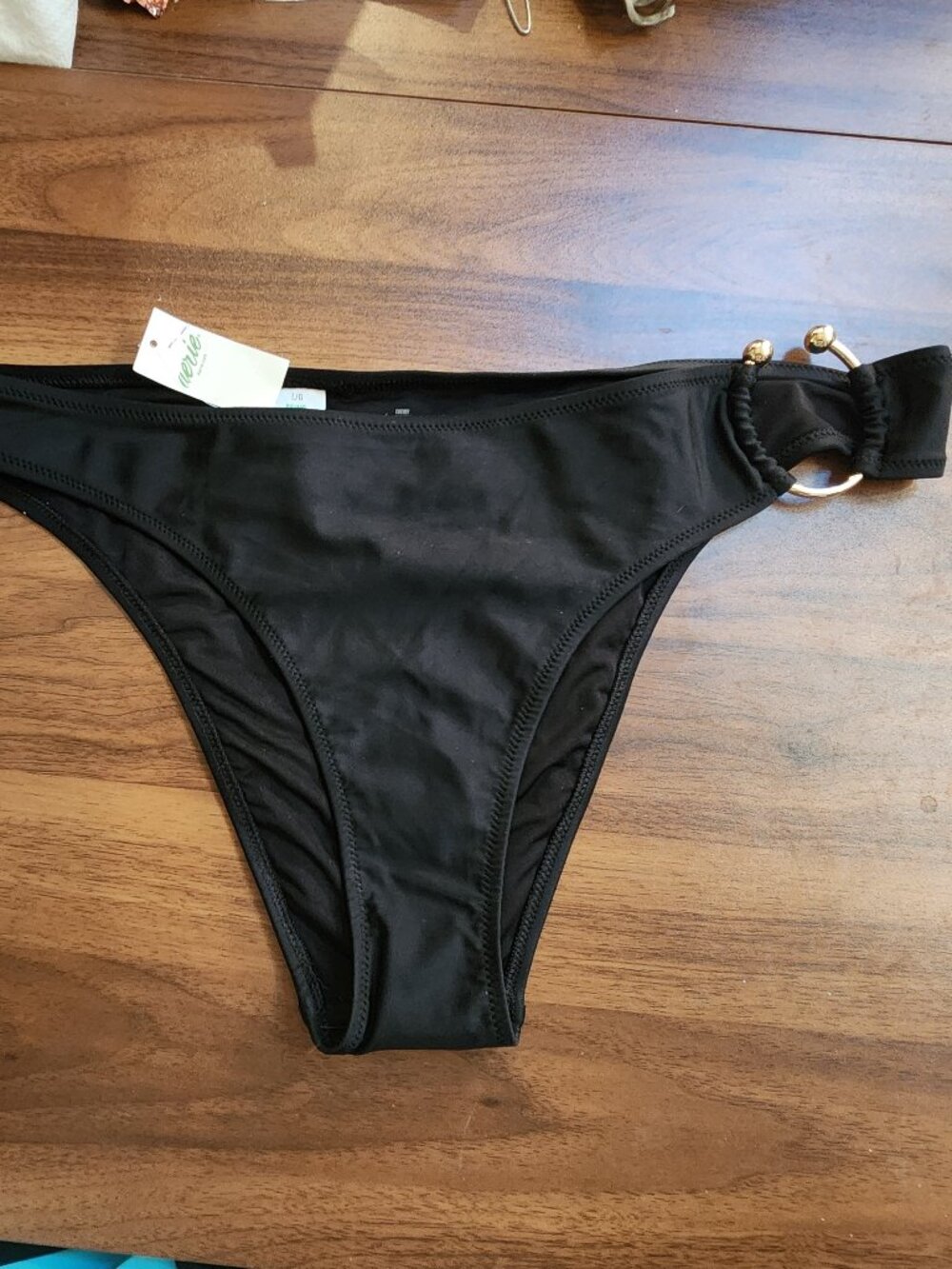 AERIE - Women's High Cut Side Ring Bikini Swim Bottoms Black - Large - NEW NWT
